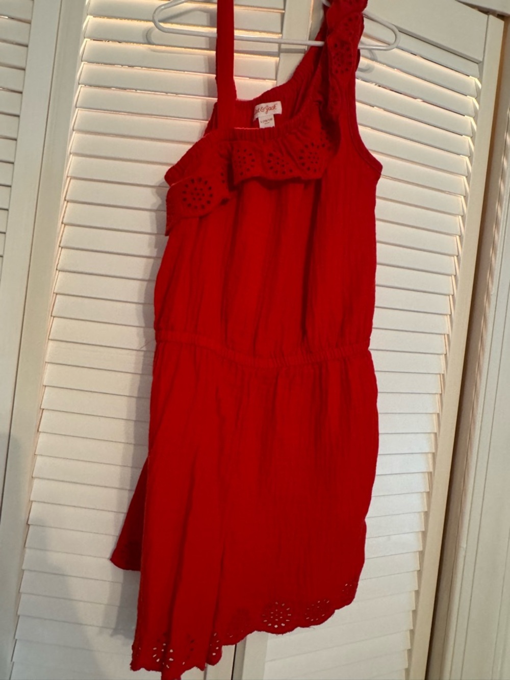 Red One-Shoulder Girls' Romperwith Eyelet Trim